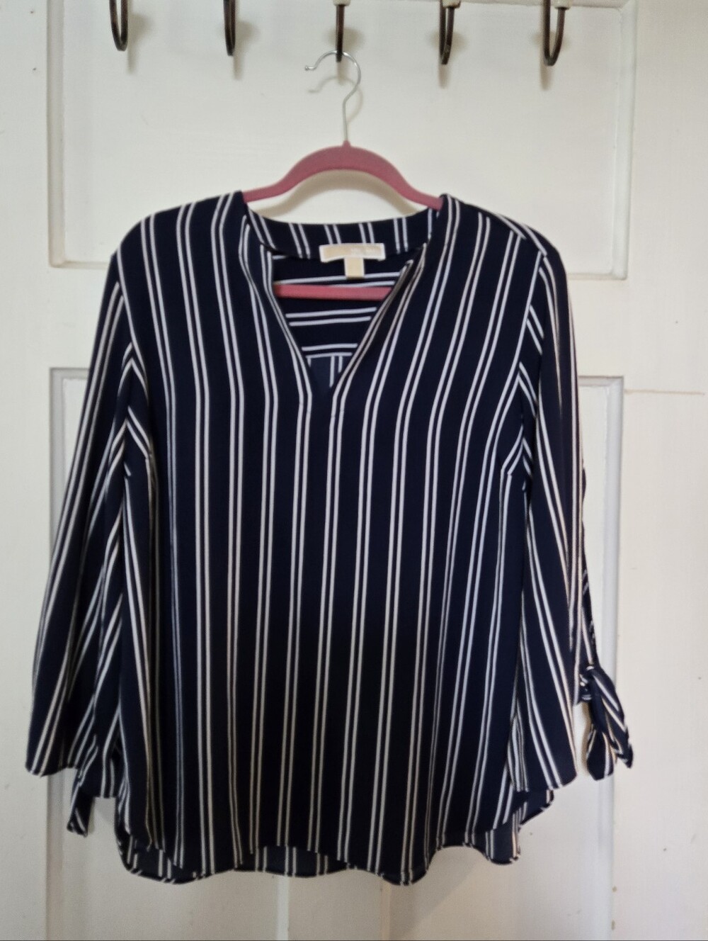 Michael Kors Navy and White Vertical-Strip V-Neck Blouse